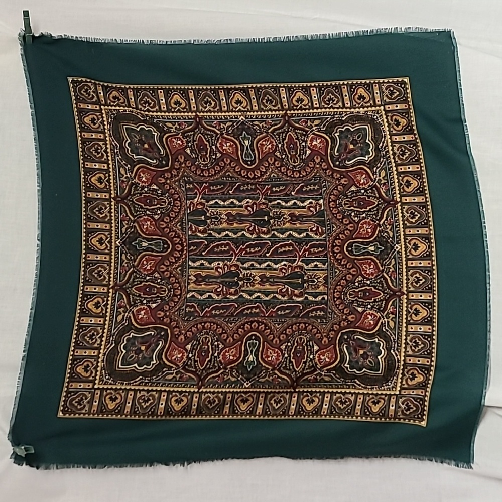 Vintage Paisley Scarf Dark Green Red Neutrals 33" Square